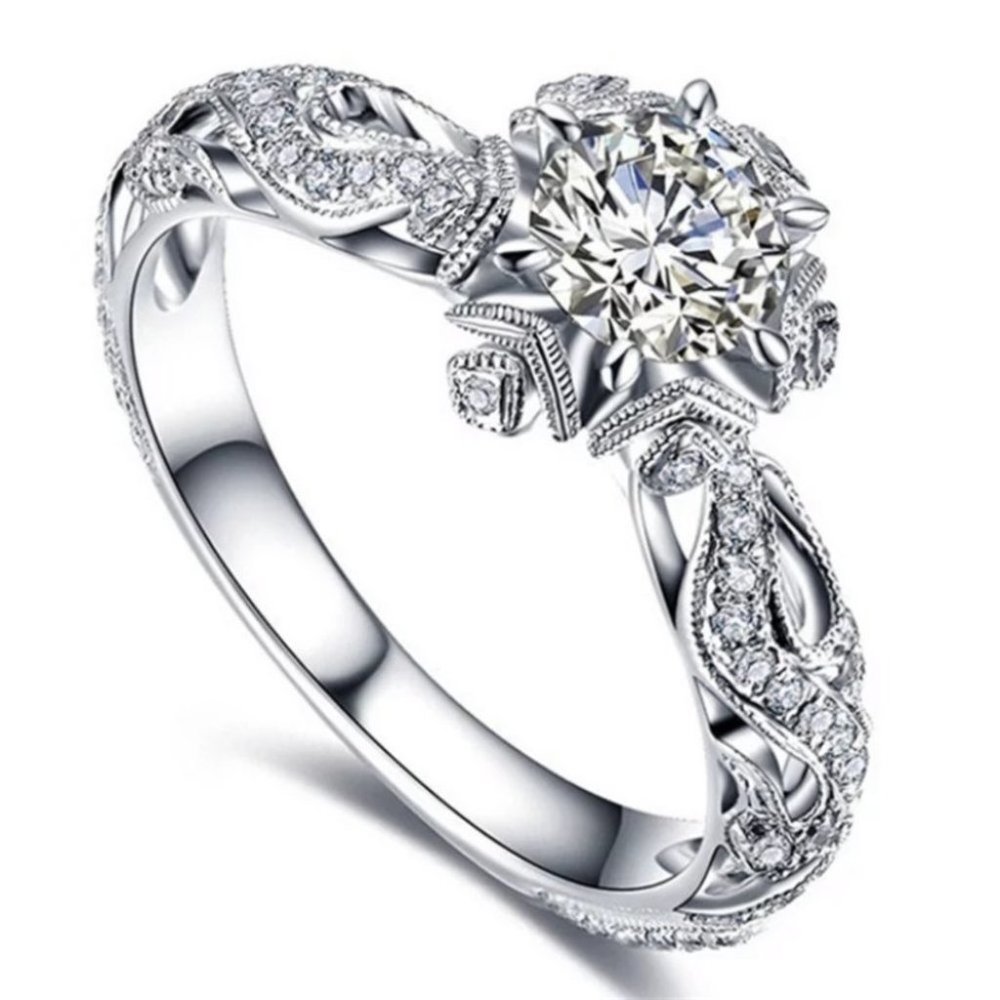 Rings White Zircon Cubic Hollow Flowers Ring - Picture 2 of 7